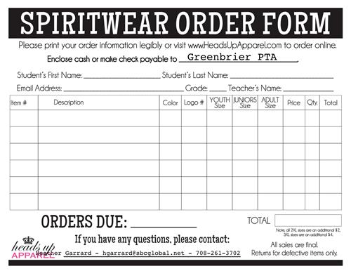 spirit wear order form